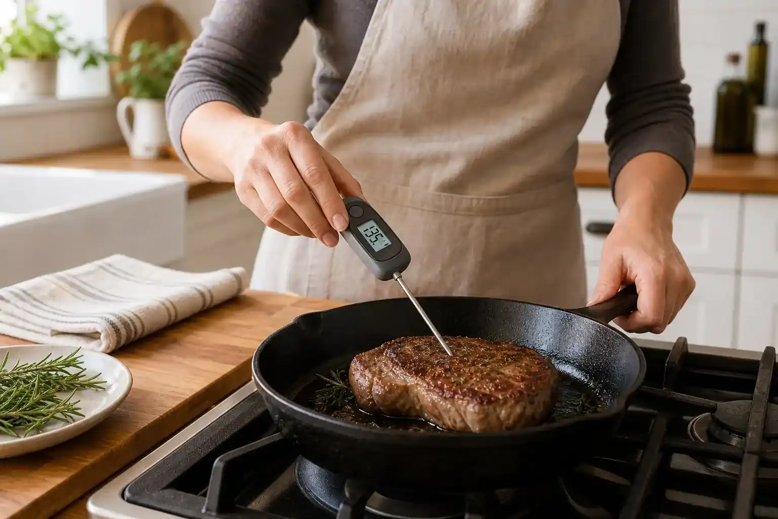 A home cook checking steak temperature with an instant-read thermometer