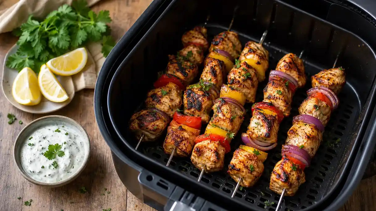 Easy Air Fryer Chicken Kebabs with Peppers and Onions